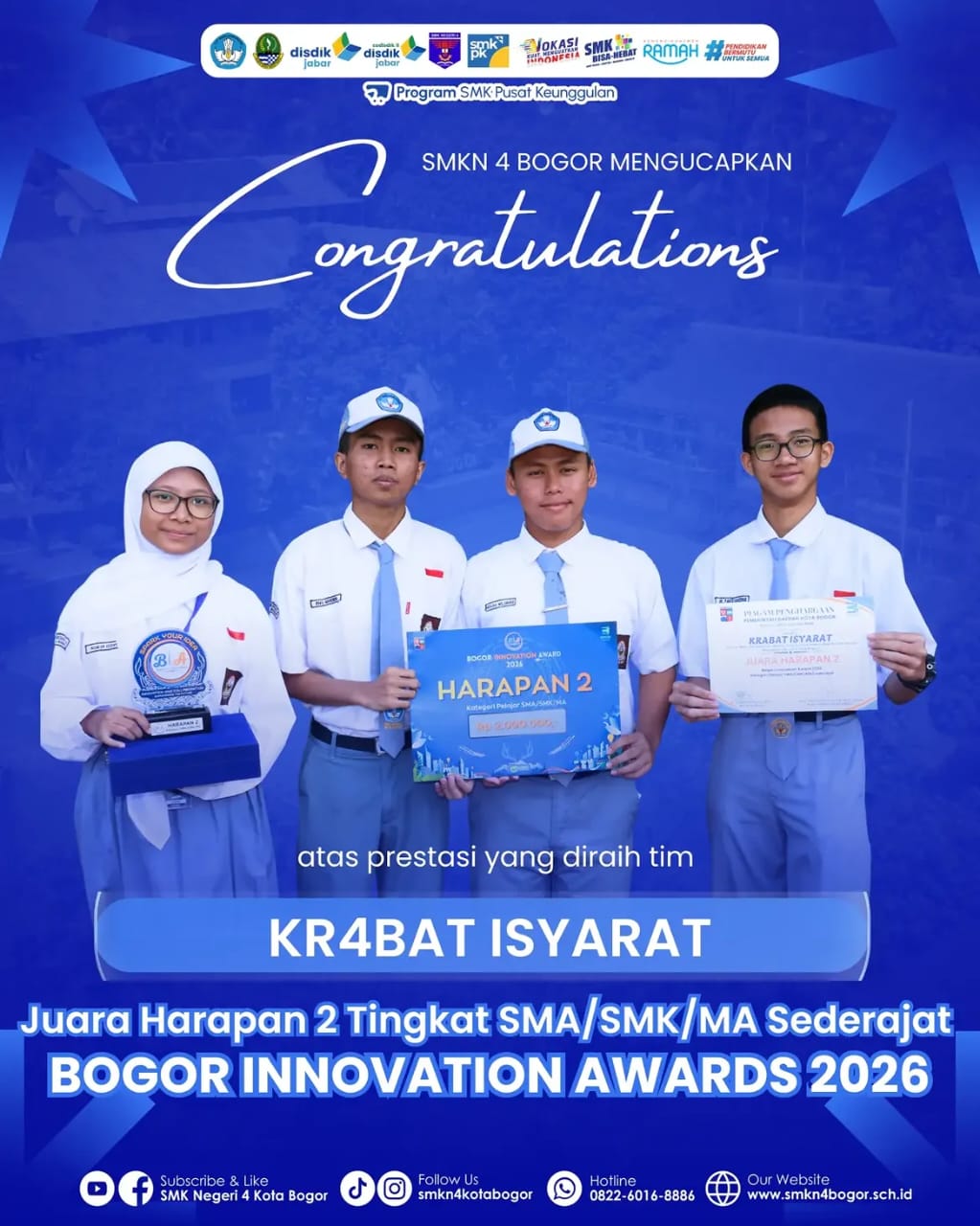 Prestasi yang di raih tim Kr4bat Isyarat atas juara harapan 2 tingkat SMA/SMK/MA Sederajat Bogor Innovation Award 2026