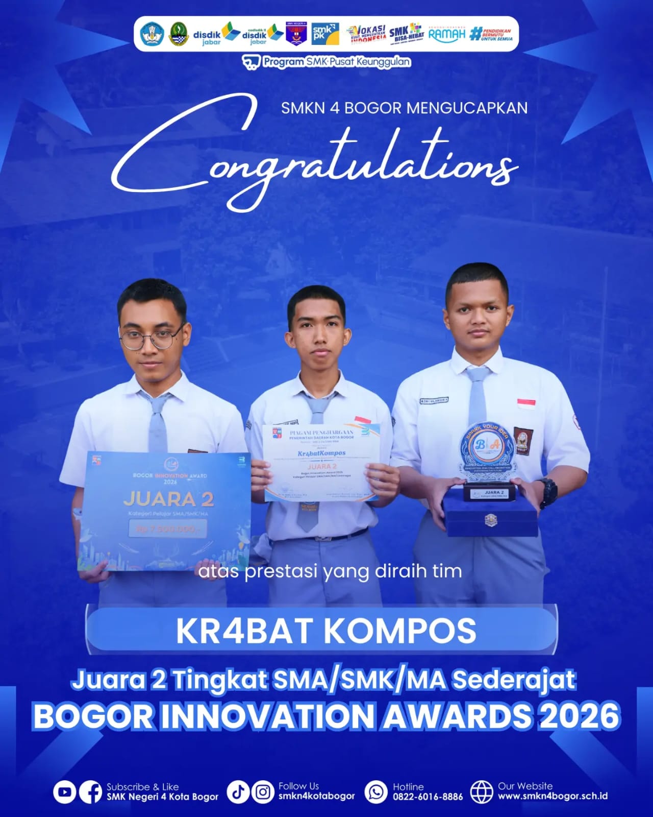 Prestasi yang di raih tim Kr4bat Kompos atas juara 2 tingkat SMA/SMK/MA Sederajat Bogor Innovation Award 2026